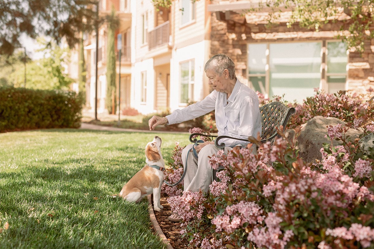 Senior woman outside on bench with dog